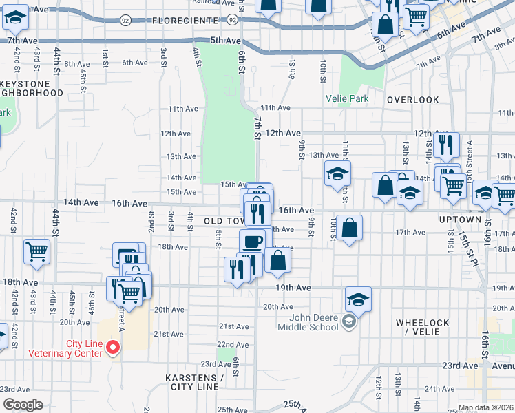 map of restaurants, bars, coffee shops, grocery stores, and more near 1602 7th Street in Moline