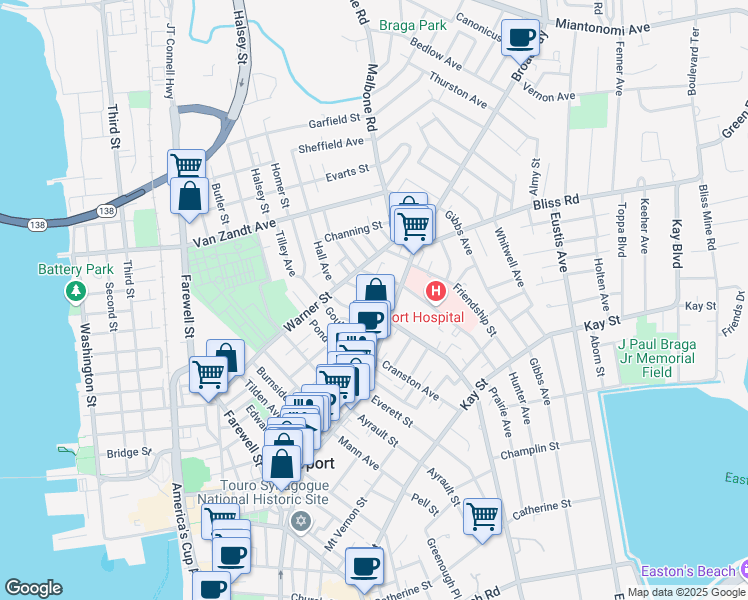 map of restaurants, bars, coffee shops, grocery stores, and more near 6 Bayview Avenue in Newport