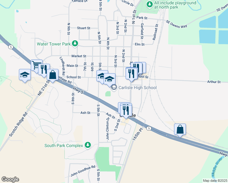 map of restaurants, bars, coffee shops, grocery stores, and more near 430 School Street in Carlisle