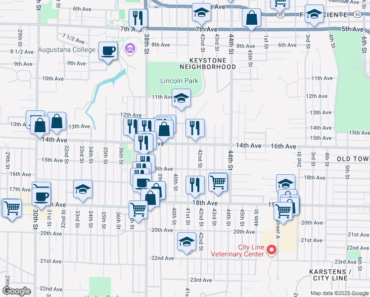 map of restaurants, bars, coffee shops, grocery stores, and more near 1336 41st Street in Rock Island