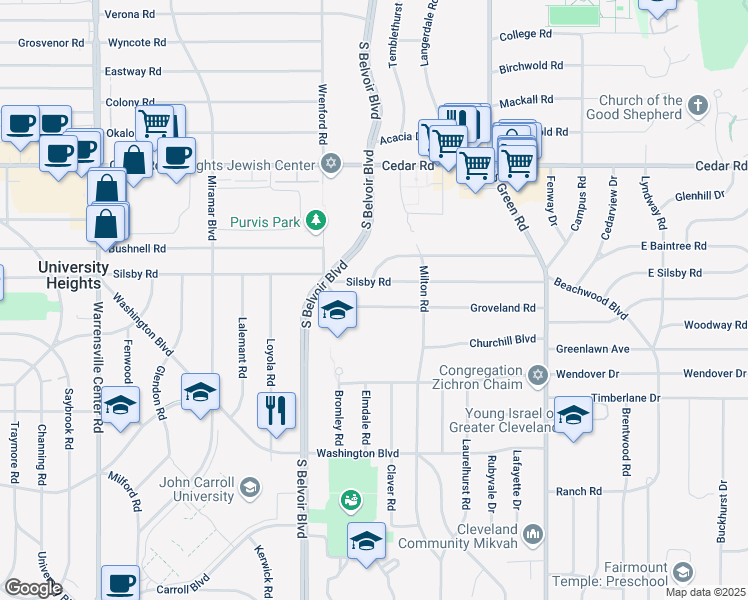 map of restaurants, bars, coffee shops, grocery stores, and more near 4306 Silsby Road in University Heights