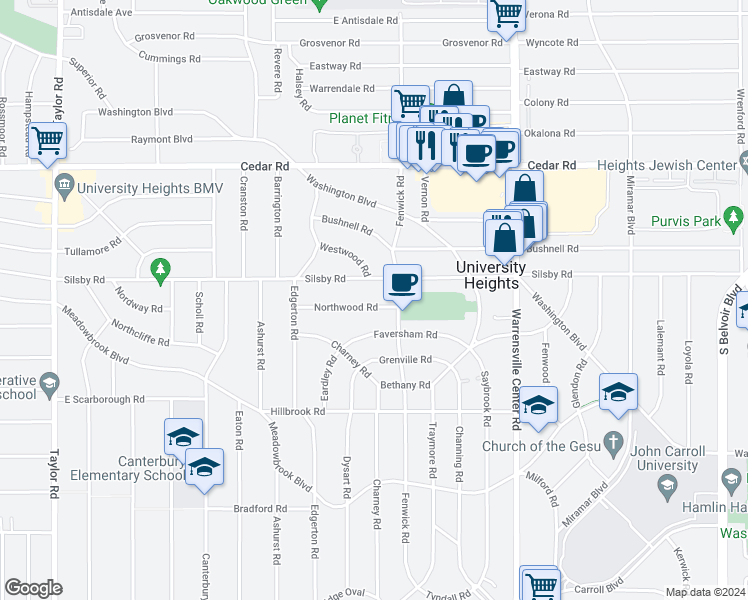 map of restaurants, bars, coffee shops, grocery stores, and more near 3829 Northwood Road in University Heights