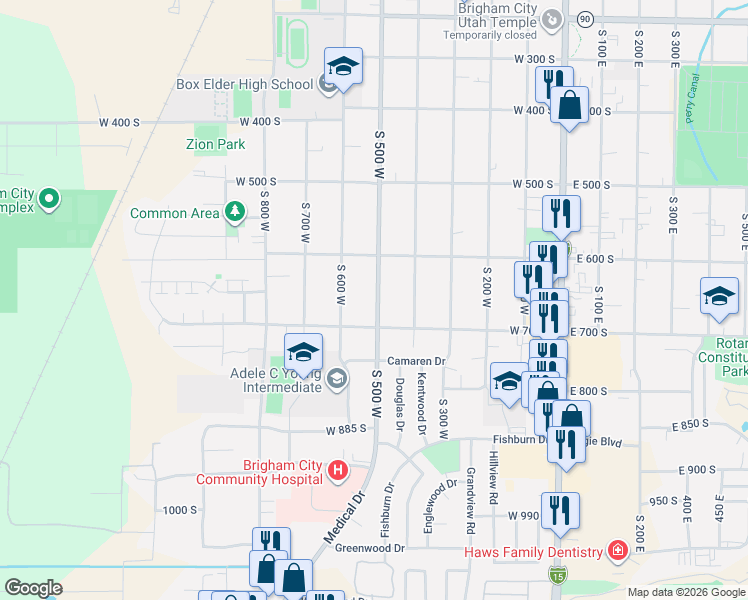 map of restaurants, bars, coffee shops, grocery stores, and more near 642 South 500 West in Brigham City