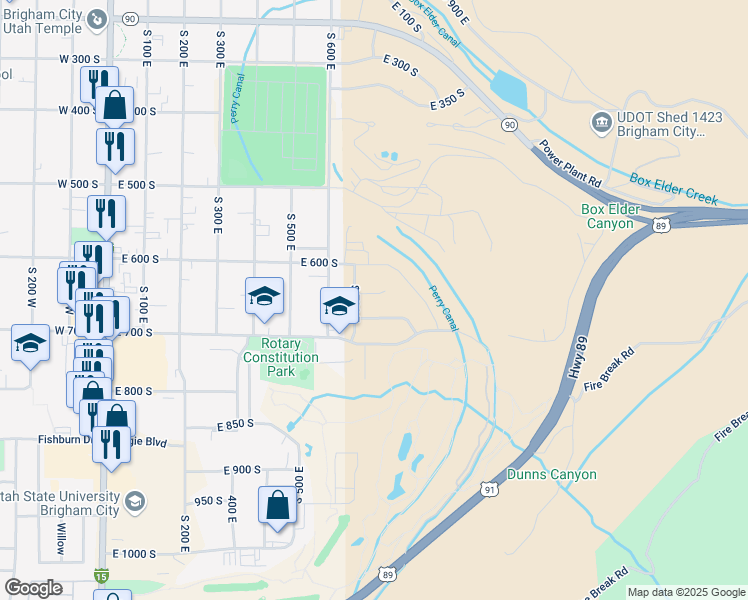 map of restaurants, bars, coffee shops, grocery stores, and more near 726 East 650 South in Brigham City