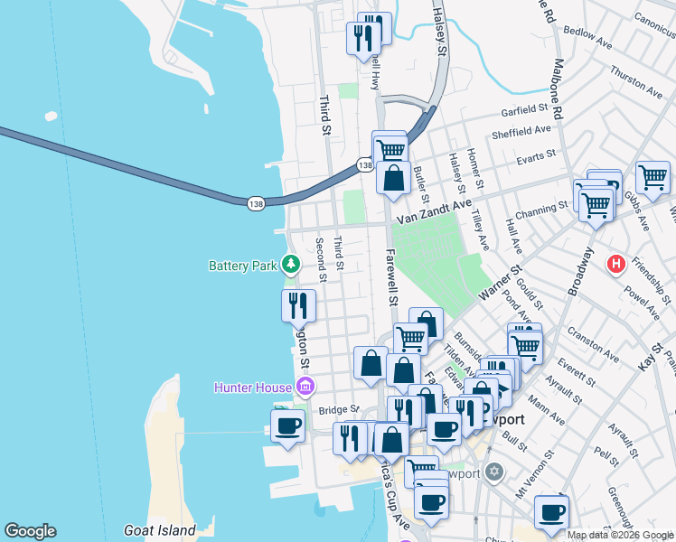 map of restaurants, bars, coffee shops, grocery stores, and more near 3 Lasalle Place in Newport