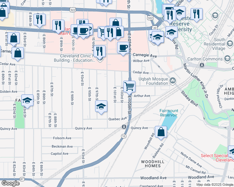 map of restaurants, bars, coffee shops, grocery stores, and more near 2222 East 103rd Street in Cleveland