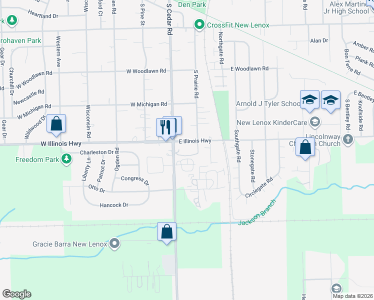 map of restaurants, bars, coffee shops, grocery stores, and more near 1000 South Cedar Road in New Lenox