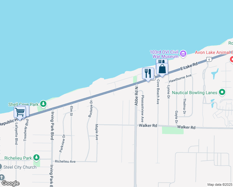 map of restaurants, bars, coffee shops, grocery stores, and more near 5216 Lake Road in Sheffield Lake