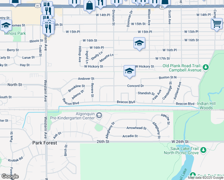 map of restaurants, bars, coffee shops, grocery stores, and more near 1930 Division Street in Chicago Heights
