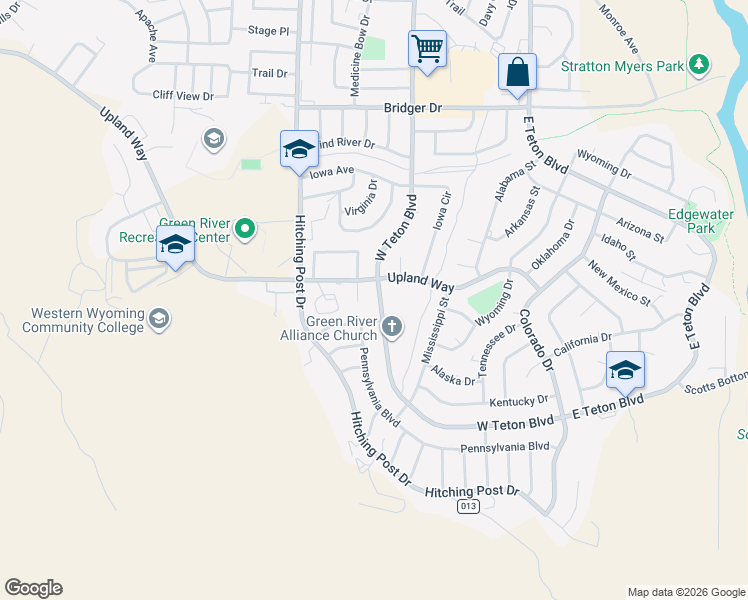 map of restaurants, bars, coffee shops, grocery stores, and more near 2100 Grant Circle in Green River