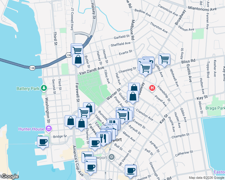 map of restaurants, bars, coffee shops, grocery stores, and more near 53 Gould Street in Newport