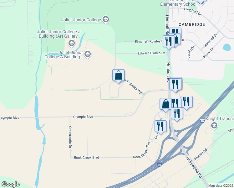 map of restaurants, bars, coffee shops, grocery stores, and more near 1540 Centennial Drive in Joliet