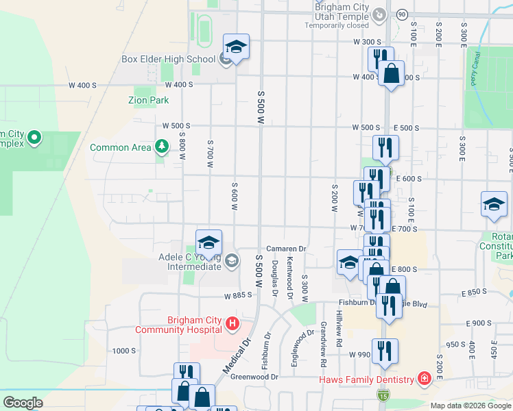 map of restaurants, bars, coffee shops, grocery stores, and more near 642 South 500 West in Brigham City