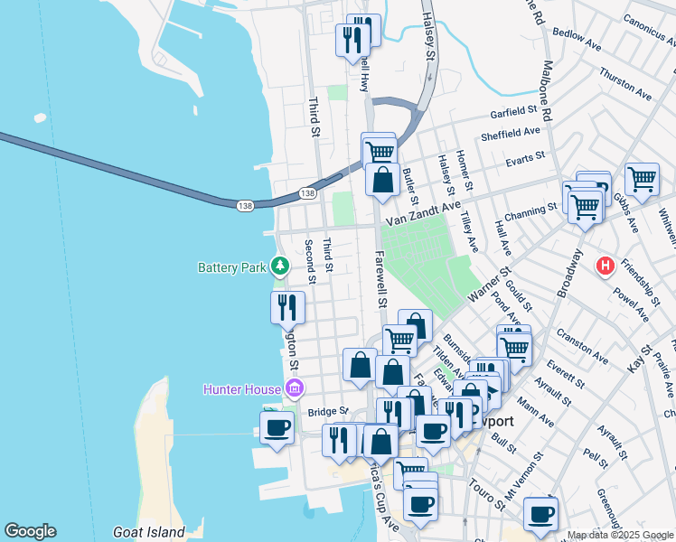 map of restaurants, bars, coffee shops, grocery stores, and more near 3 Lasalle Place in Newport