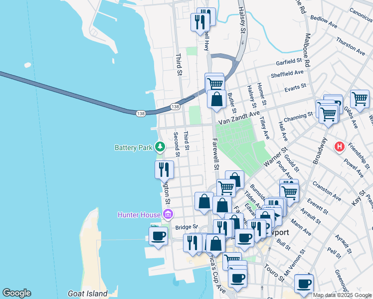 map of restaurants, bars, coffee shops, grocery stores, and more near 3 Lasalle Place in Newport