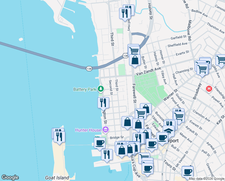 map of restaurants, bars, coffee shops, grocery stores, and more near 111 Washington Street in Newport