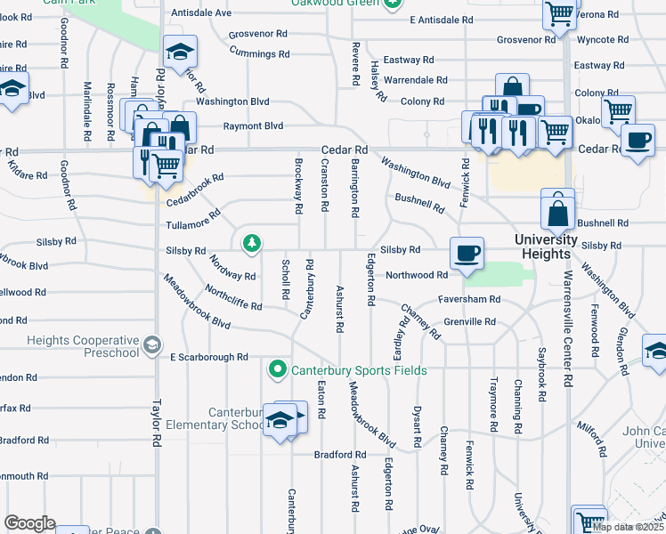 map of restaurants, bars, coffee shops, grocery stores, and more near 3690 Silsby Road in University Heights