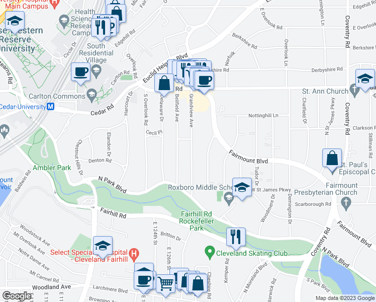 map of restaurants, bars, coffee shops, grocery stores, and more near 2272 Grandview Avenue in Cleveland Heights