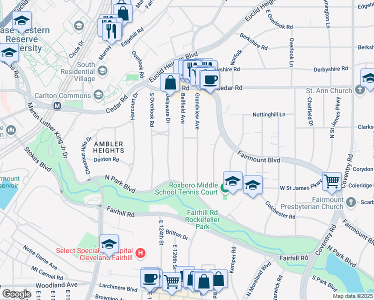map of restaurants, bars, coffee shops, grocery stores, and more near 2272 Grandview Avenue in Cleveland Heights