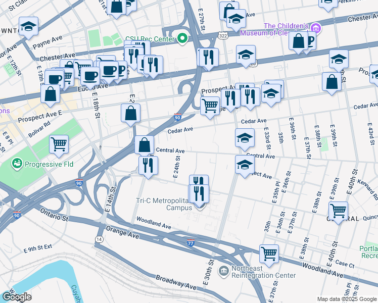 map of restaurants, bars, coffee shops, grocery stores, and more near 2401 Central Ave in Cleveland