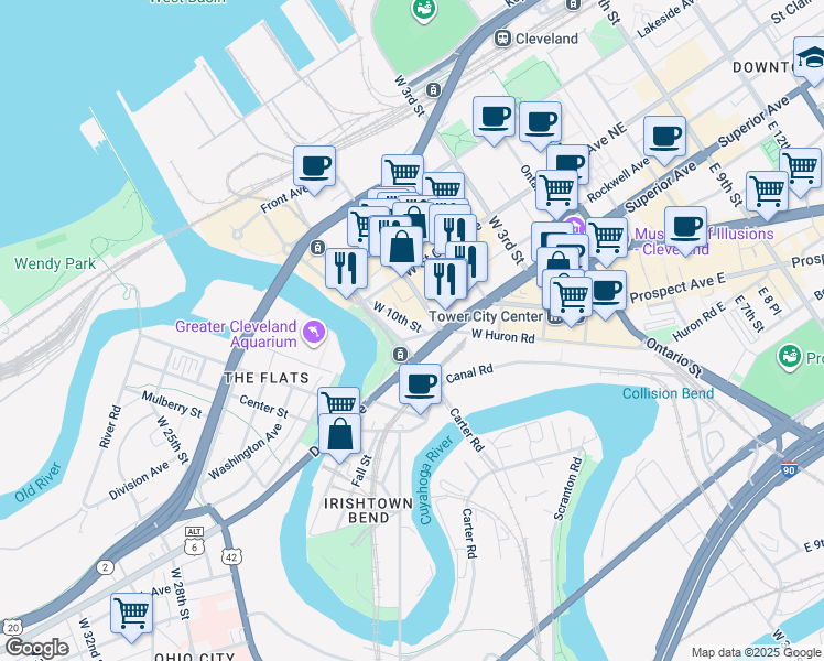 map of restaurants, bars, coffee shops, grocery stores, and more near 1411 West 10th Street in Cleveland