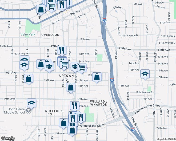 map of restaurants, bars, coffee shops, grocery stores, and more near 1715 15th Avenue in Moline