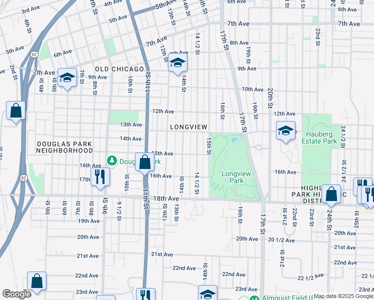 map of restaurants, bars, coffee shops, grocery stores, and more near 1323 14th St in Rock Island