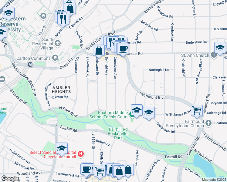 map of restaurants, bars, coffee shops, grocery stores, and more near 2288 Grandview Avenue in Cleveland Heights