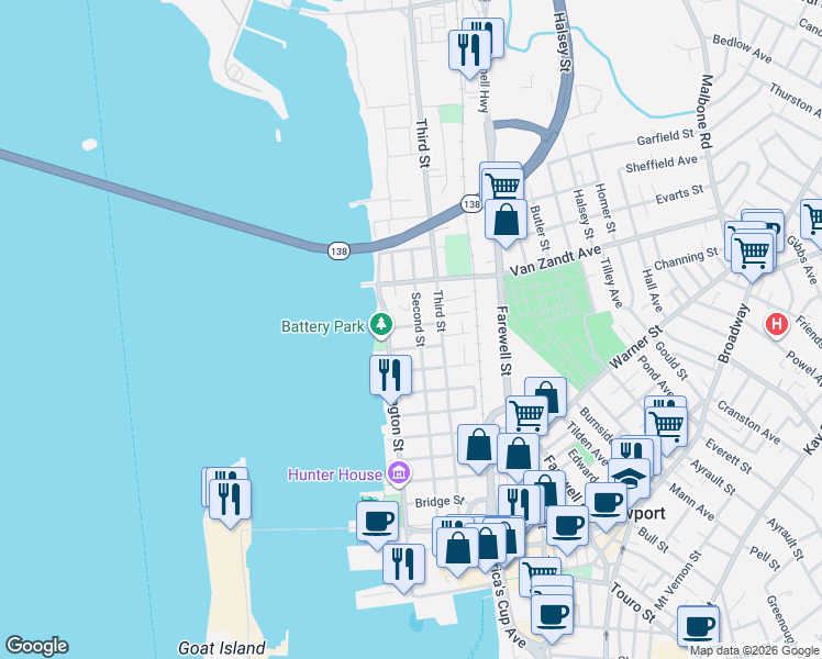 map of restaurants, bars, coffee shops, grocery stores, and more near 14 Battery Street in Newport