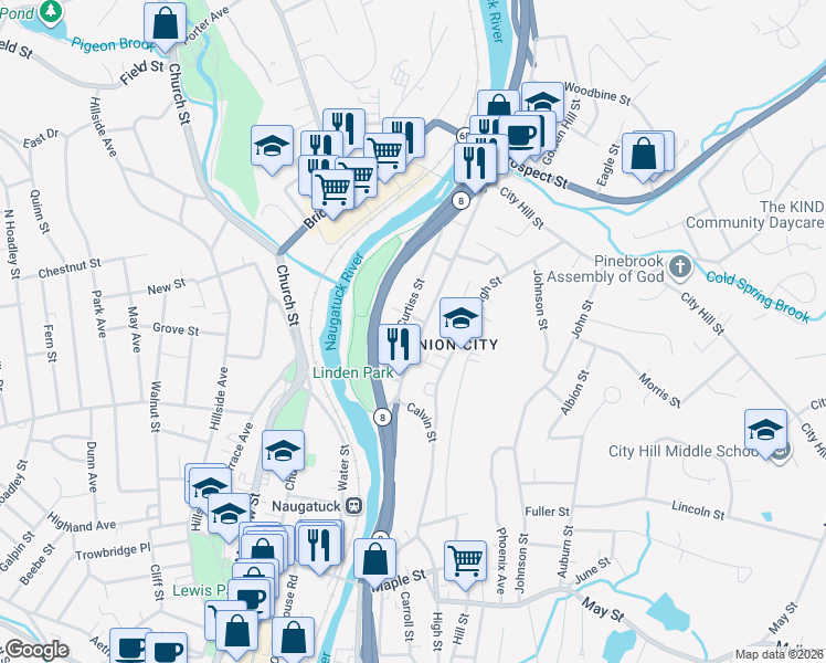 map of restaurants, bars, coffee shops, grocery stores, and more near 240 North Main Street in Naugatuck