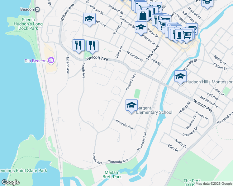 map of restaurants, bars, coffee shops, grocery stores, and more near 18 Sycamore Drive in Beacon