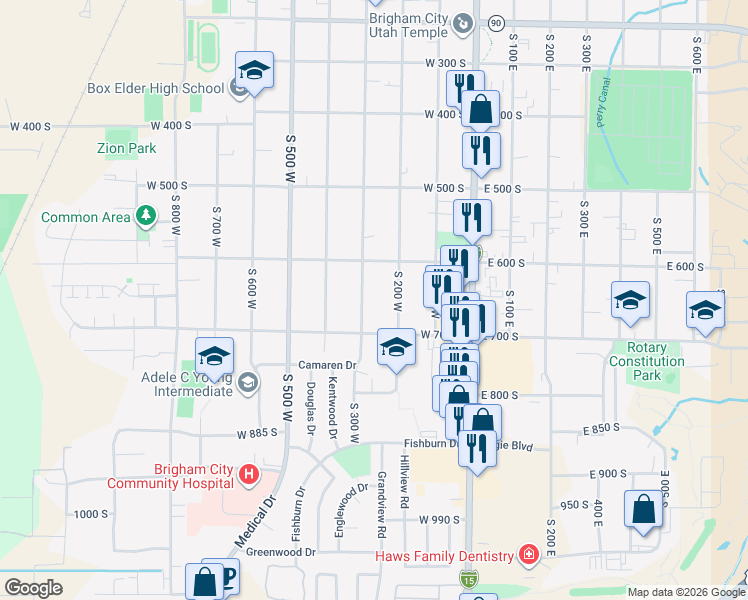 map of restaurants, bars, coffee shops, grocery stores, and more near 342 North 500 West in Brigham City