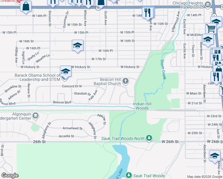 map of restaurants, bars, coffee shops, grocery stores, and more near 1918 Ashland Avenue in Chicago Heights