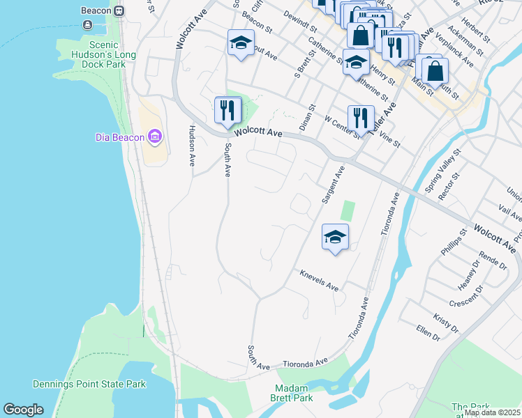 map of restaurants, bars, coffee shops, grocery stores, and more near 34 Victor Road in Beacon