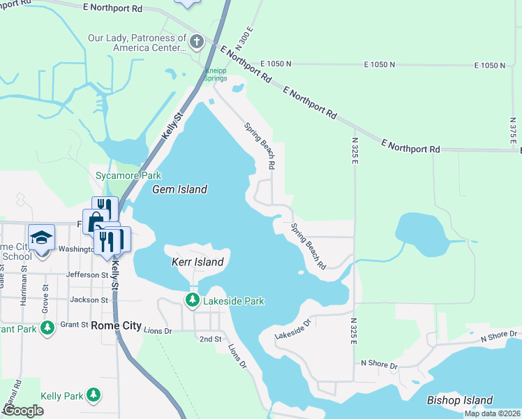 map of restaurants, bars, coffee shops, grocery stores, and more near 456 Spring Beach Road in Rome City