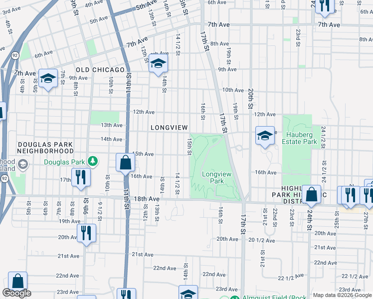 map of restaurants, bars, coffee shops, grocery stores, and more near 1320 15th Street in Rock Island