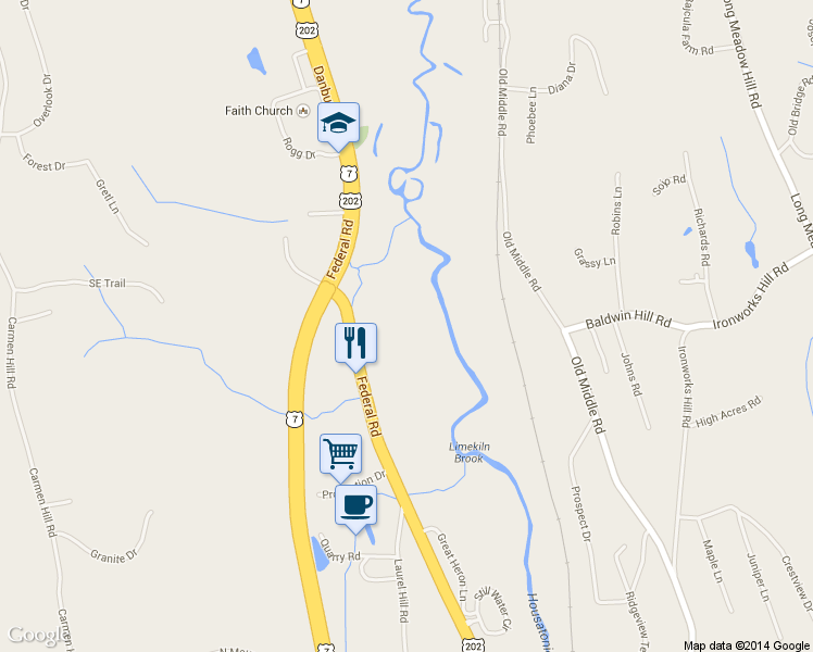 map of restaurants, bars, coffee shops, grocery stores, and more near 1055 Federal Road in Brookfield