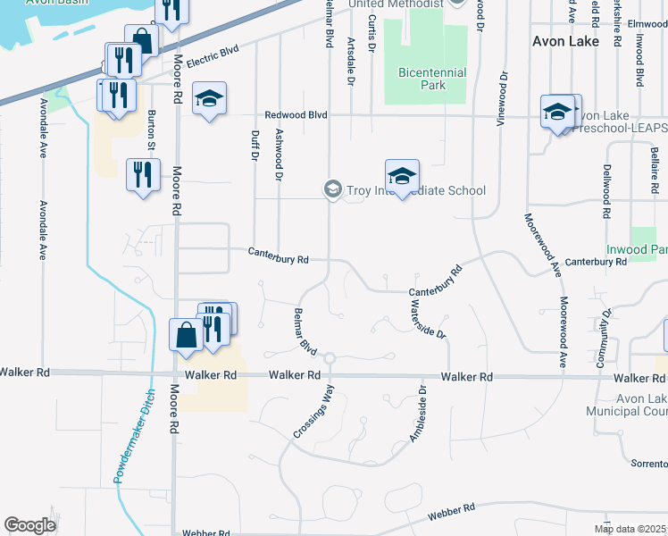 map of restaurants, bars, coffee shops, grocery stores, and more near 33223 Canterbury Road in Avon Lake