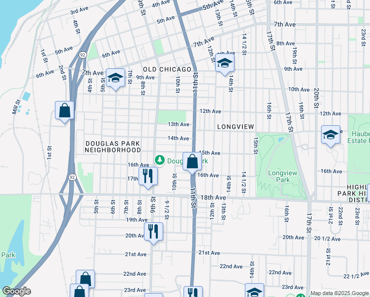 map of restaurants, bars, coffee shops, grocery stores, and more near 1014 14th Avenue in Rock Island