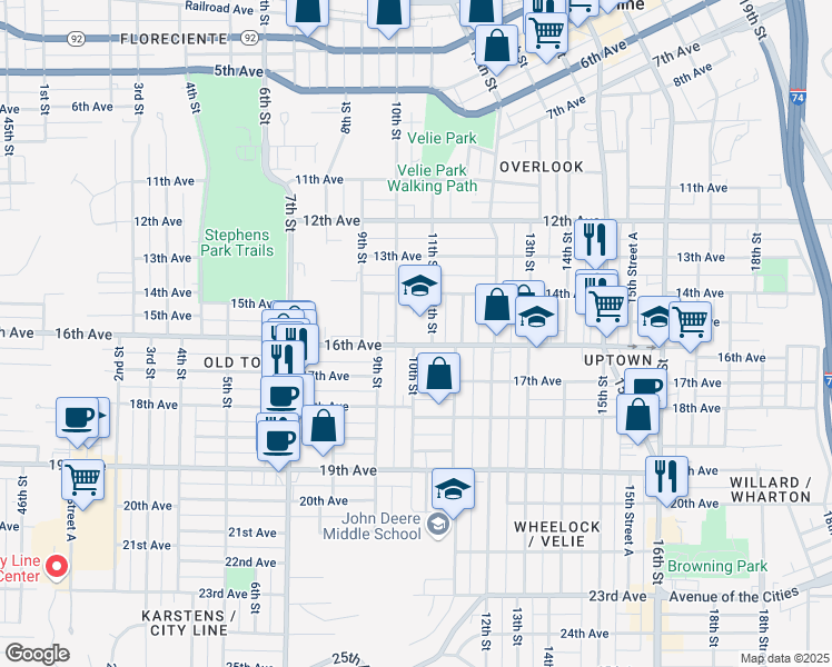 map of restaurants, bars, coffee shops, grocery stores, and more near 1419 11th Street in Moline