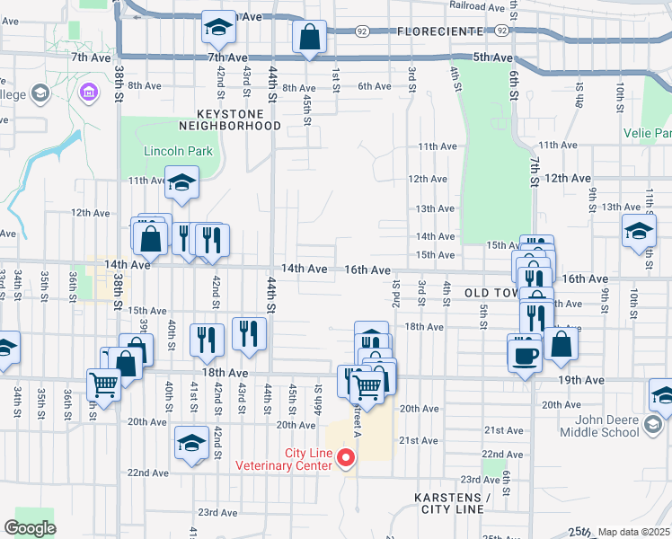 map of restaurants, bars, coffee shops, grocery stores, and more near 100 16th Avenue in Moline