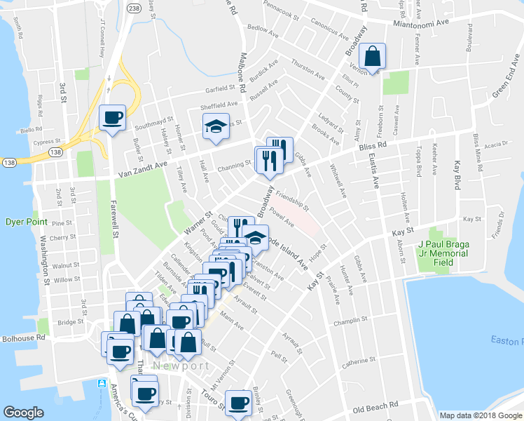 map of restaurants, bars, coffee shops, grocery stores, and more near 25 1/2 Broadway in Newport