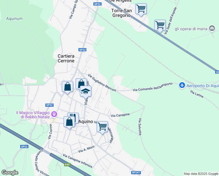 map of restaurants, bars, coffee shops, grocery stores, and more near 23 Via Guglielmo Marconi in Aquino