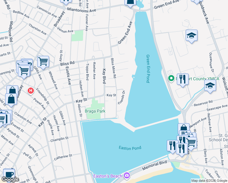 map of restaurants, bars, coffee shops, grocery stores, and more near 5 Barbara Street in Newport