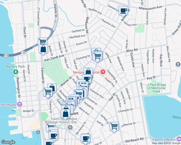 map of restaurants, bars, coffee shops, grocery stores, and more near 6 Newport Avenue in Newport