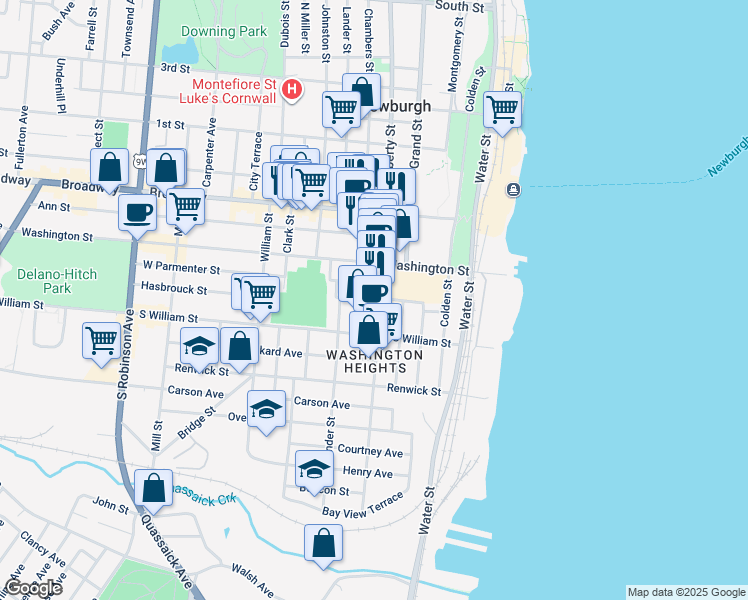 map of restaurants, bars, coffee shops, grocery stores, and more near 13 East Parmenter Street in Newburgh