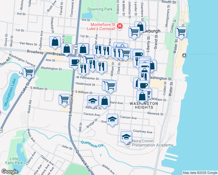 map of restaurants, bars, coffee shops, grocery stores, and more near 65 William Street in Newburgh