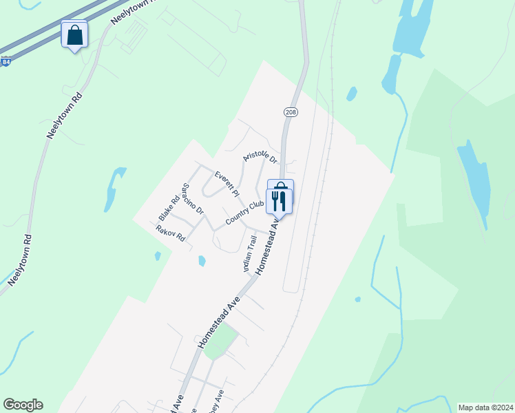 map of restaurants, bars, coffee shops, grocery stores, and more near 106 Country Club Drive in Maybrook
