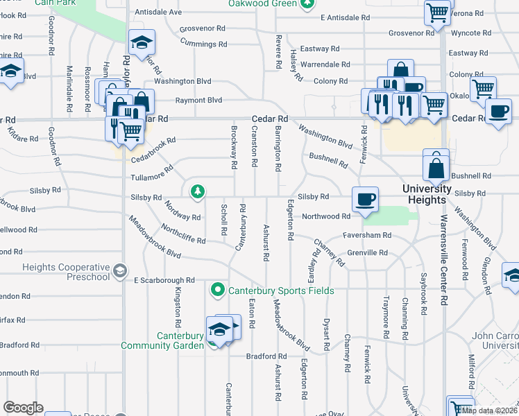 map of restaurants, bars, coffee shops, grocery stores, and more near 3690 Silsby Road in University Heights