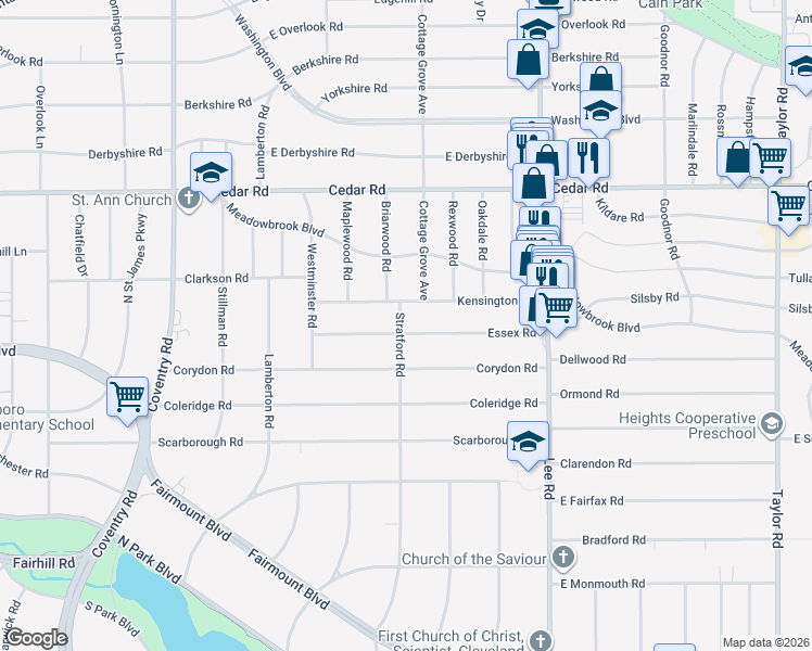 map of restaurants, bars, coffee shops, grocery stores, and more near 3022 Kensington Road in Cleveland Heights